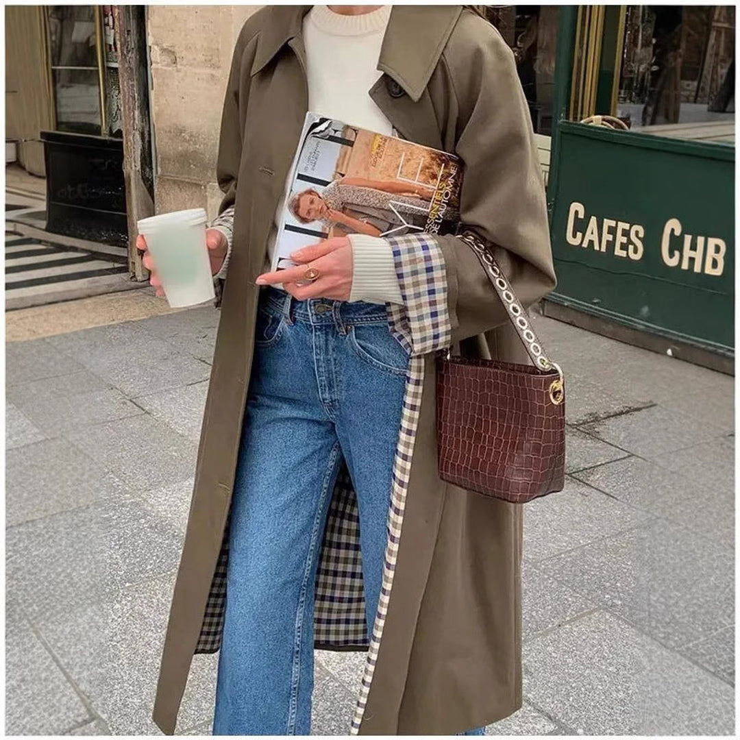 Women's Oversized Plaid-Lined Long Trench Coat