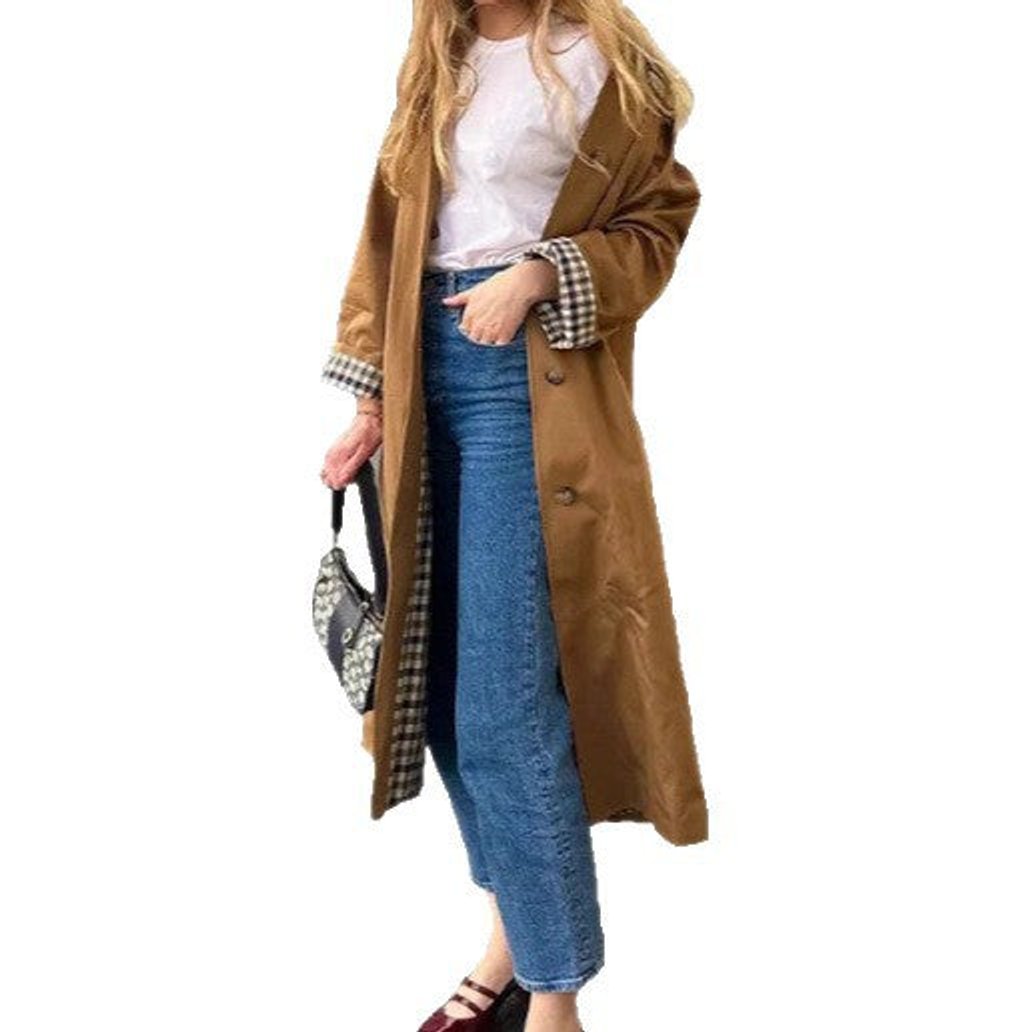 Women's Oversized Plaid-Lined Long Trench Coat