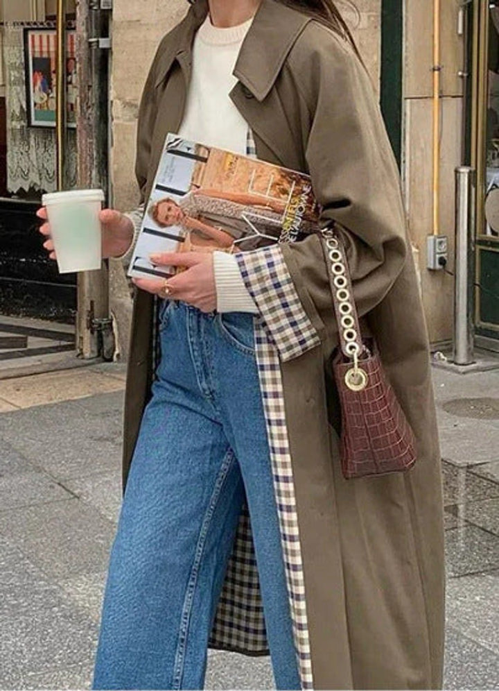 Women's Oversized Plaid-Lined Long Trench Coat - Khaki