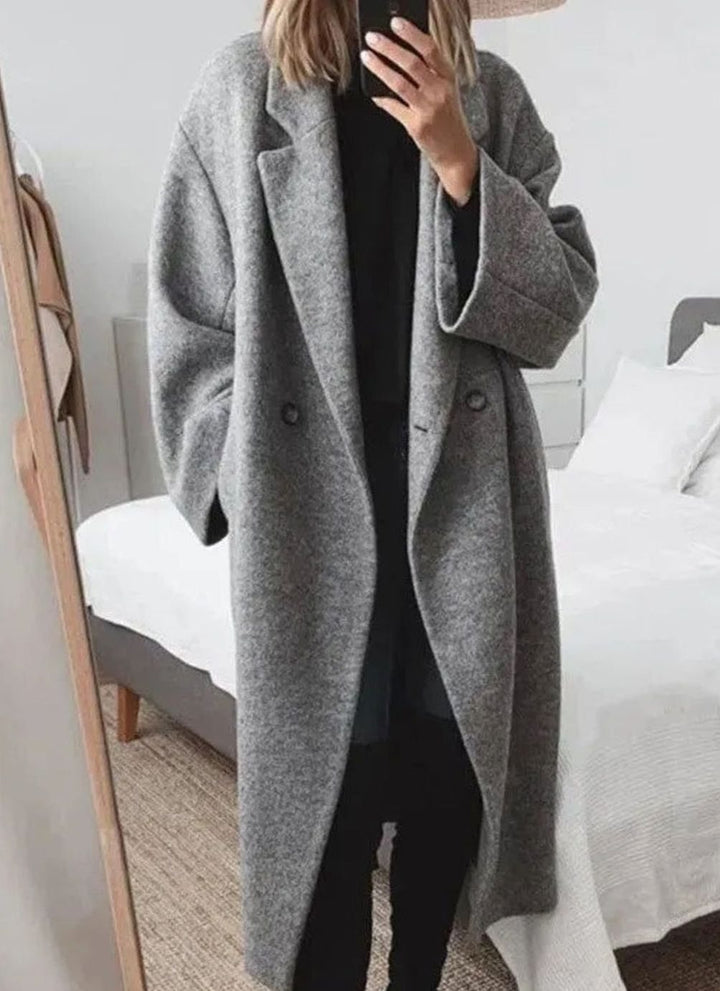 Women's Oversized Relaxed-Fit Double-Breasted Long Coat - Grey
