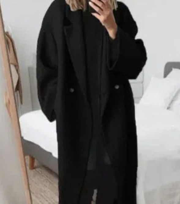 Women's Oversized Relaxed-Fit Double-Breasted Long Coat - Black