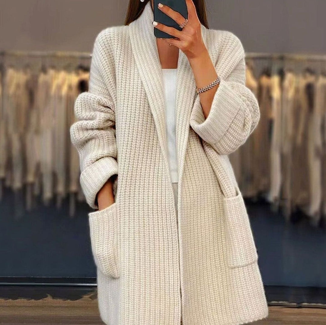 Women's Oversized Relaxed-Fit Long Knit Cardigan Pockets - Apricot