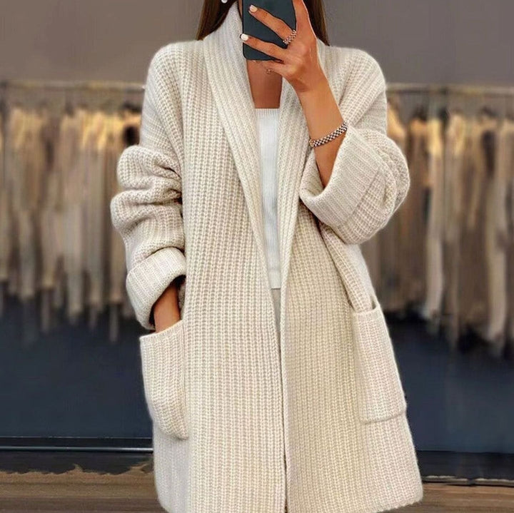 Women's Oversized Relaxed-Fit Long Knit Cardigan Pockets - Apricot