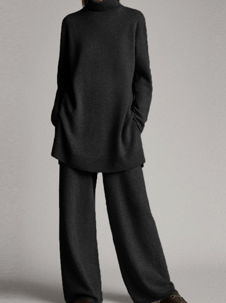 Women's Oversized Turtleneck Knit Lounge Set Wide-Leg Pants - Black