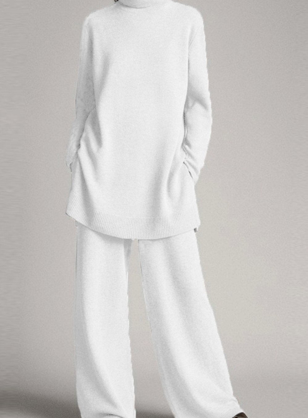 Women's Oversized Turtleneck Knit Lounge Set Wide-Leg Pants - White