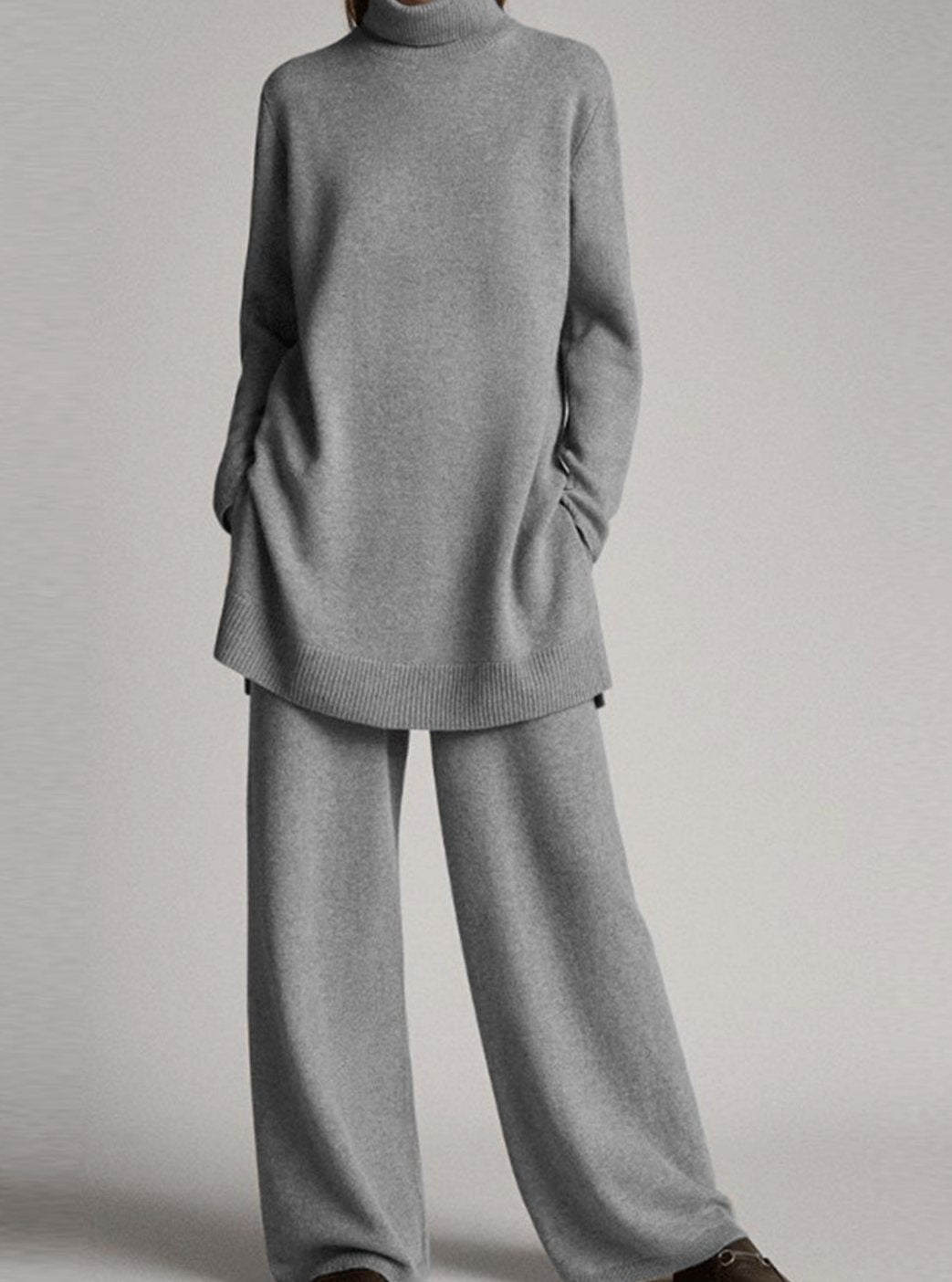 Women's Oversized Turtleneck Knit Lounge Set Wide-Leg Pants - Grey