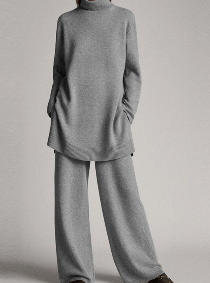 Women's Oversized Turtleneck Knit Lounge Set Wide-Leg Pants - Grey