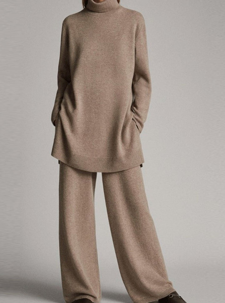 Women's Oversized Turtleneck Knit Lounge Set Wide-Leg Pants - Beige