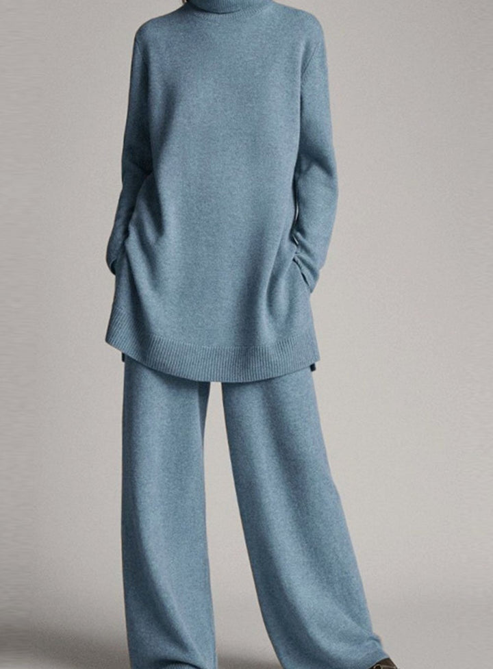 Women's Oversized Turtleneck Knit Lounge Set Wide-Leg Pants - Blue