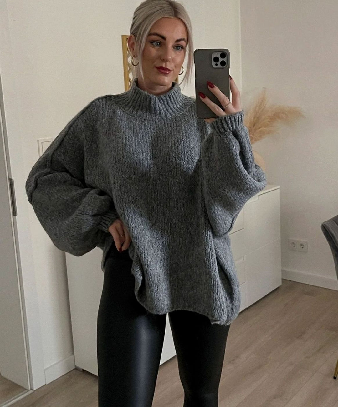 Women's Oversized Turtleneck Sweater Long Sleeve Cozy Knit Pullover - Dark Grey