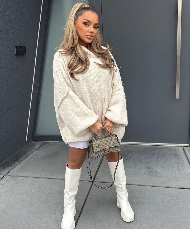 Women's Oversized Turtleneck Sweater Long Sleeve Cozy Knit Pullover - Apricot