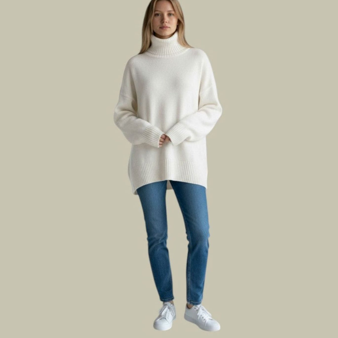 Women's Oversized Turtleneck Sweater Relaxed-Fit Long Knit Pullover - White