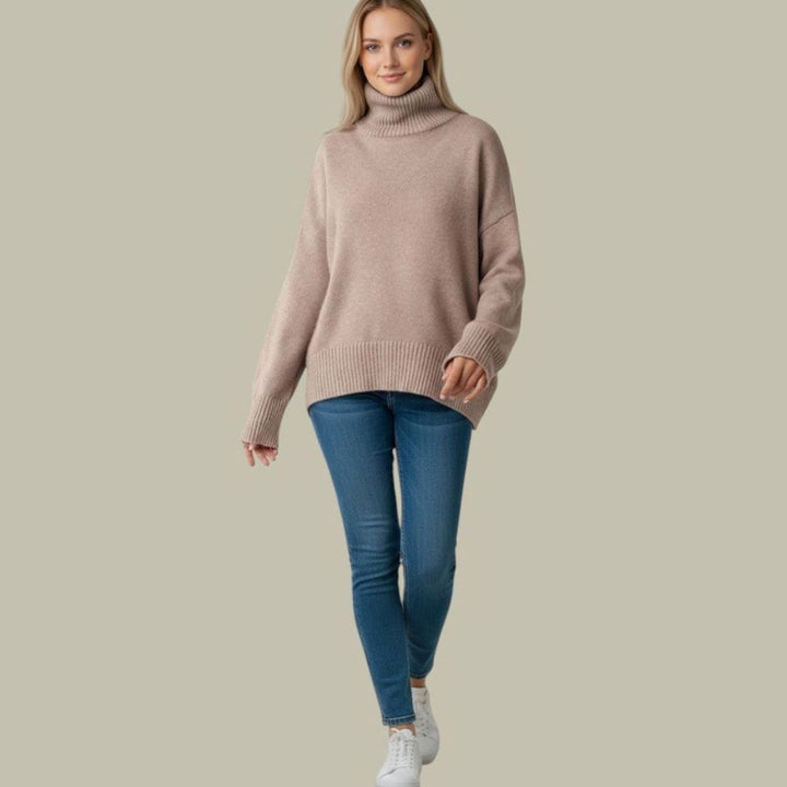Women's Oversized Turtleneck Sweater Relaxed-Fit Long Knit Pullover - Beige