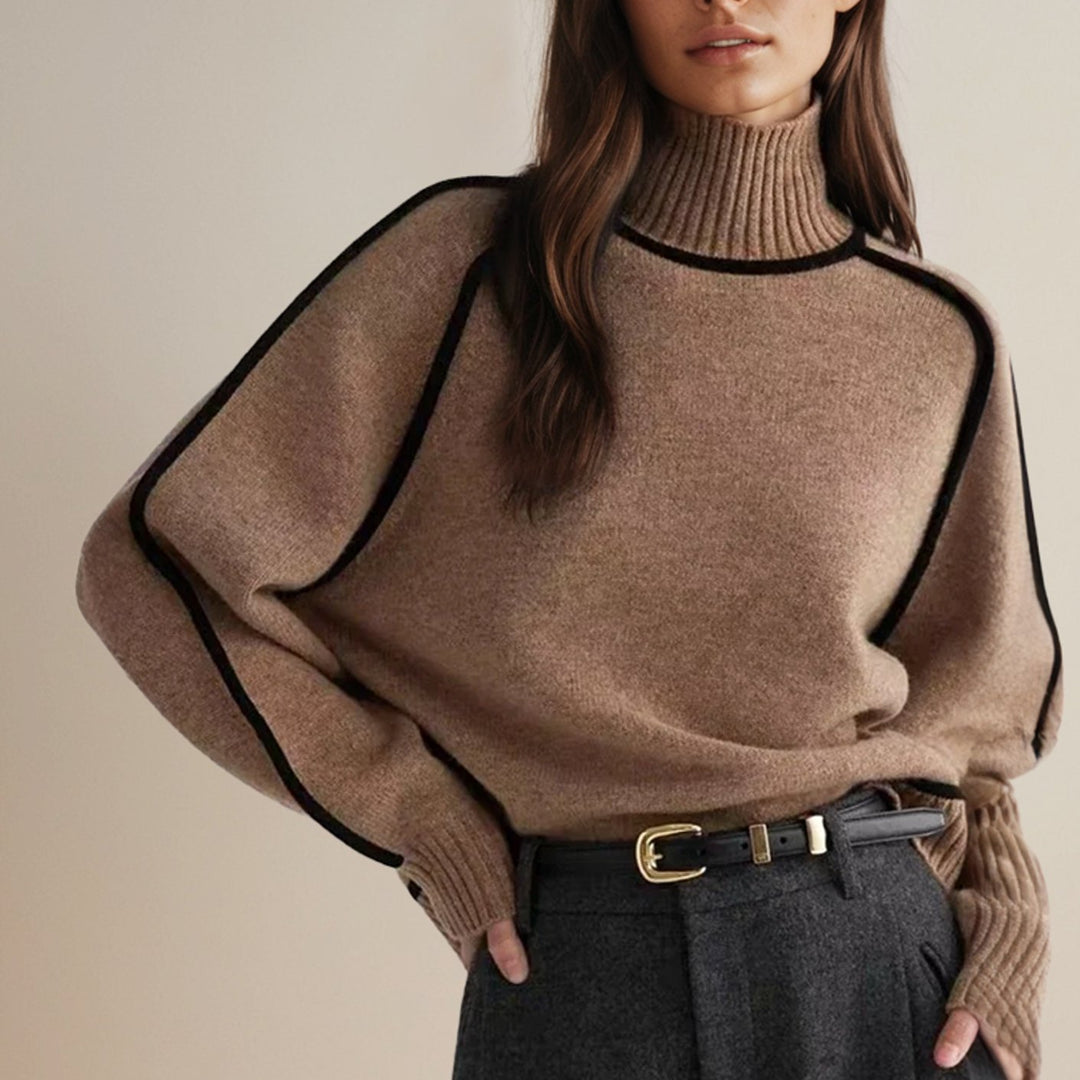 Women's Oversized Turtleneck Sweater Ribbed Knit Contrast Stripe - Brown