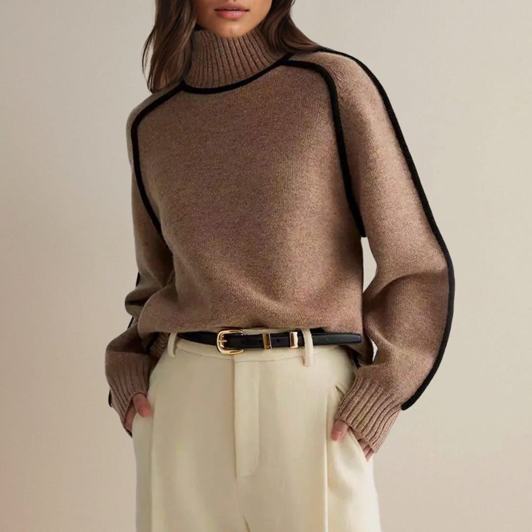 Women's Oversized Turtleneck Sweater Ribbed Knit Contrast Stripe