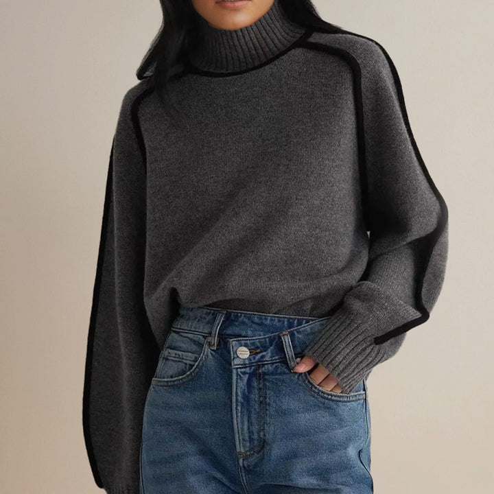 Women's Oversized Turtleneck Sweater Ribbed Knit Contrast Stripe - Grey
