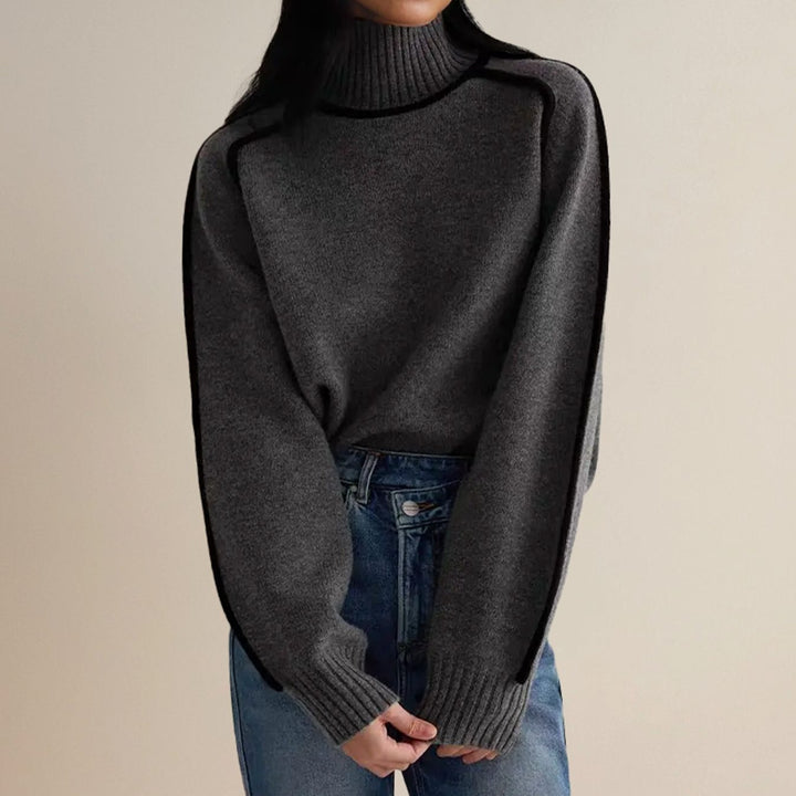 Women's Oversized Turtleneck Sweater Ribbed Knit Contrast Stripe