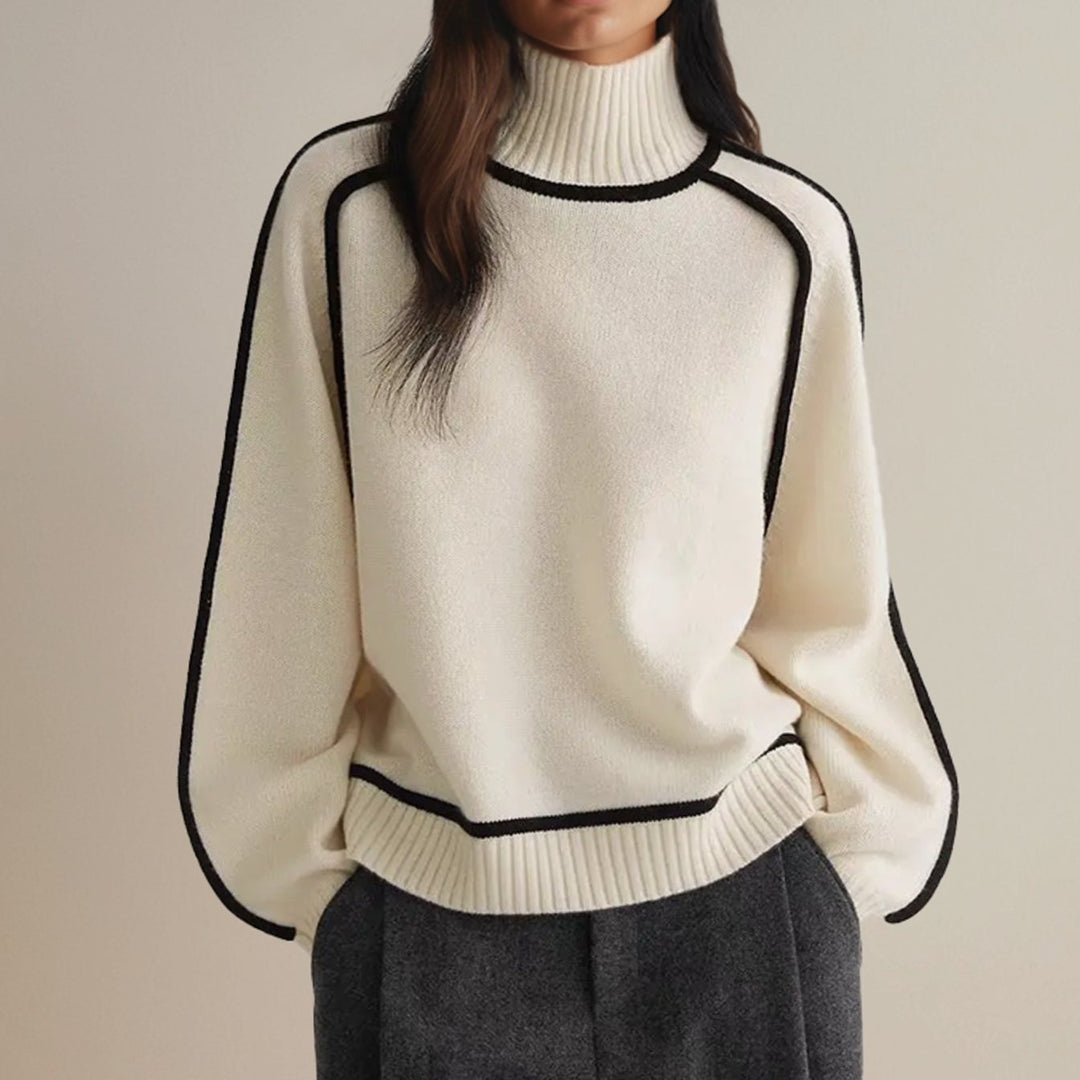 Women's Oversized Turtleneck Sweater Ribbed Knit Contrast Stripe - White