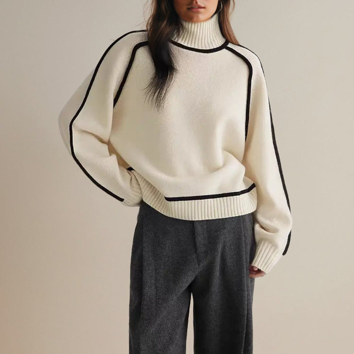 Women's Oversized Turtleneck Sweater Ribbed Knit Contrast Stripe