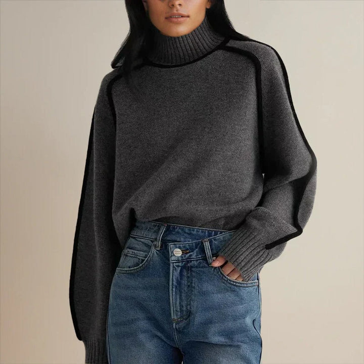 Women's Oversized Turtleneck Two-Tone Knit Pullover Sweater - Grijs