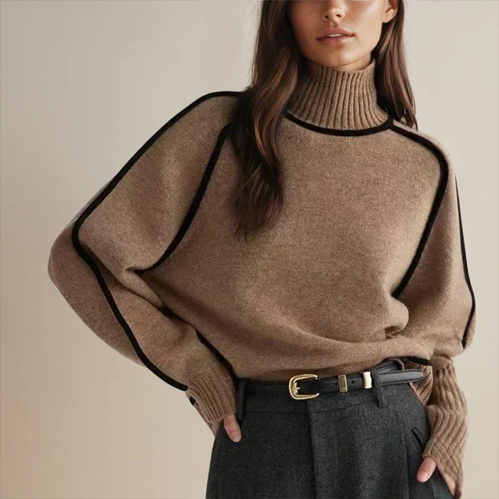 Women's Oversized Turtleneck Two-Tone Knit Pullover Sweater