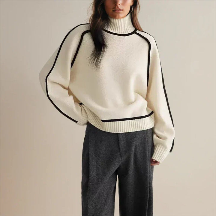 Women's Oversized Turtleneck Two-Tone Knit Pullover Sweater - Wit