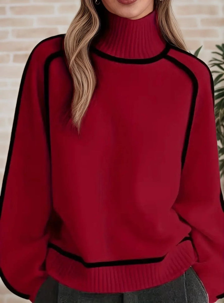 Women's Oversized Turtleneck Two-Tone Knit Pullover Sweater - Rood