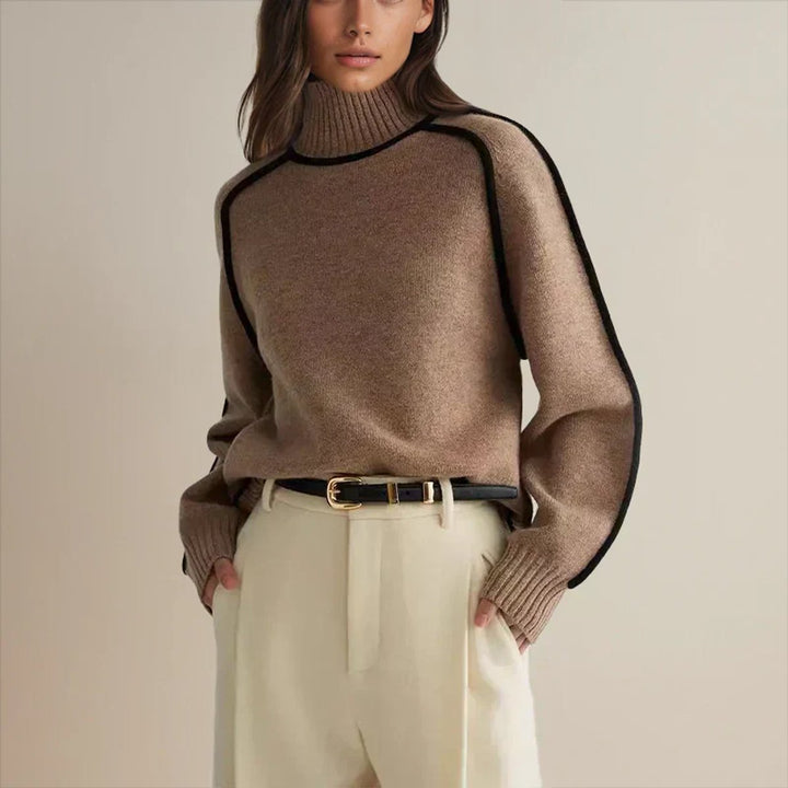 Women's Oversized Turtleneck Two-Tone Knit Pullover Sweater - Bruin