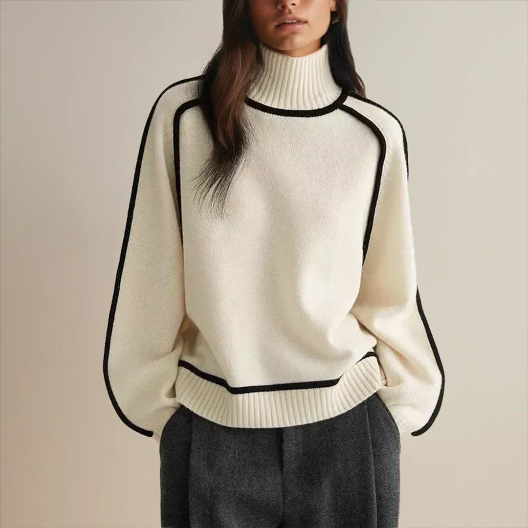 Women's Oversized Turtleneck Two-Tone Knit Pullover Sweater
