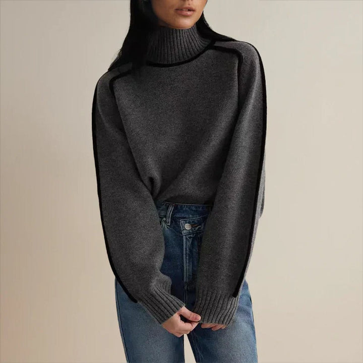 Women's Oversized Turtleneck Two-Tone Knit Pullover Sweater