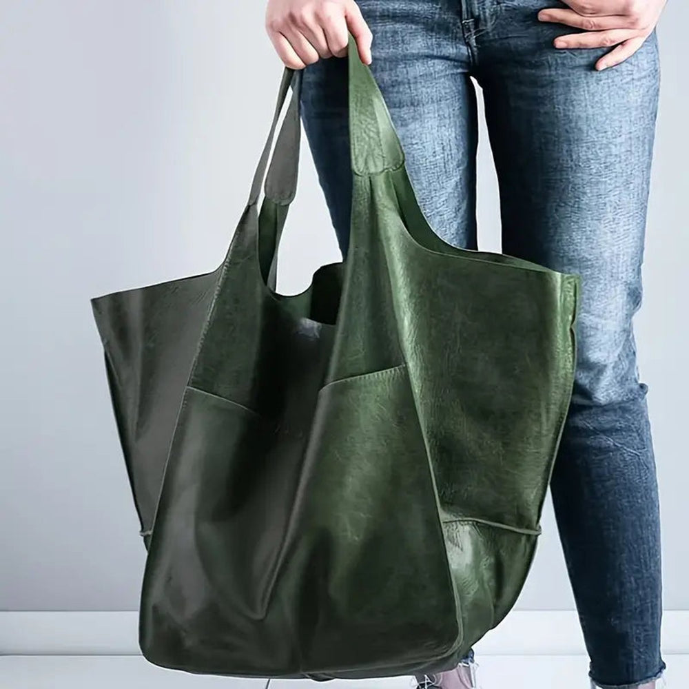Women's Oversized Vegan Leather Magnetic-Closure Tote Bag - Olive
