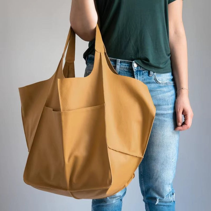 Women's Oversized Vegan Leather Magnetic-Closure Tote Bag - Senf