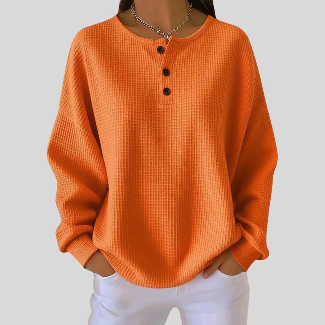 Women's Oversized Waffle Henley Knit Sweater Long Sleeve