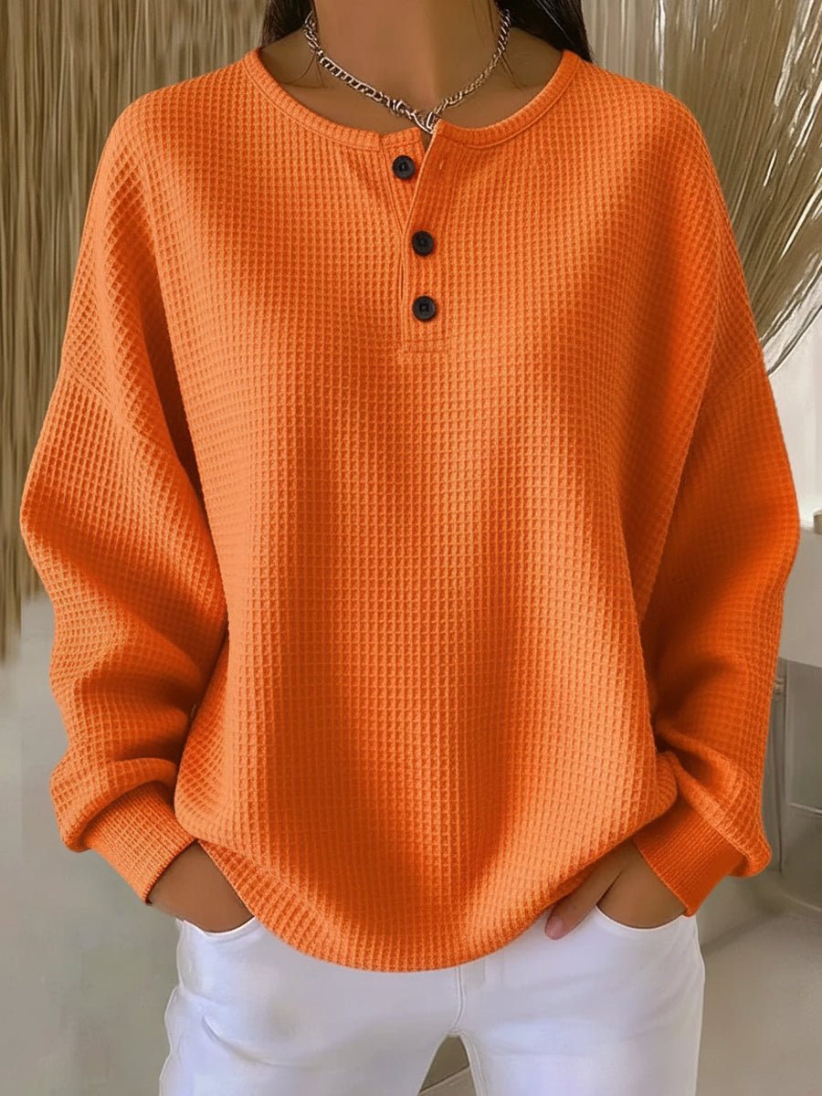 Women's Oversized Waffle Henley Knit Sweater Long Sleeve - Orange