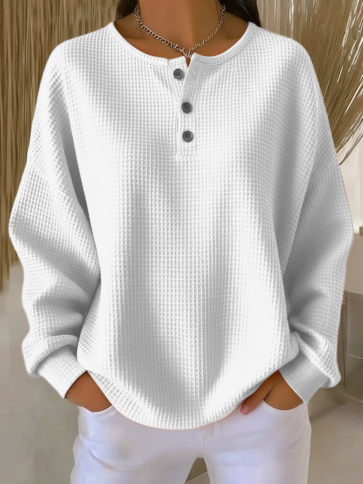 Women's Oversized Waffle Henley Knit Sweater Long Sleeve - White