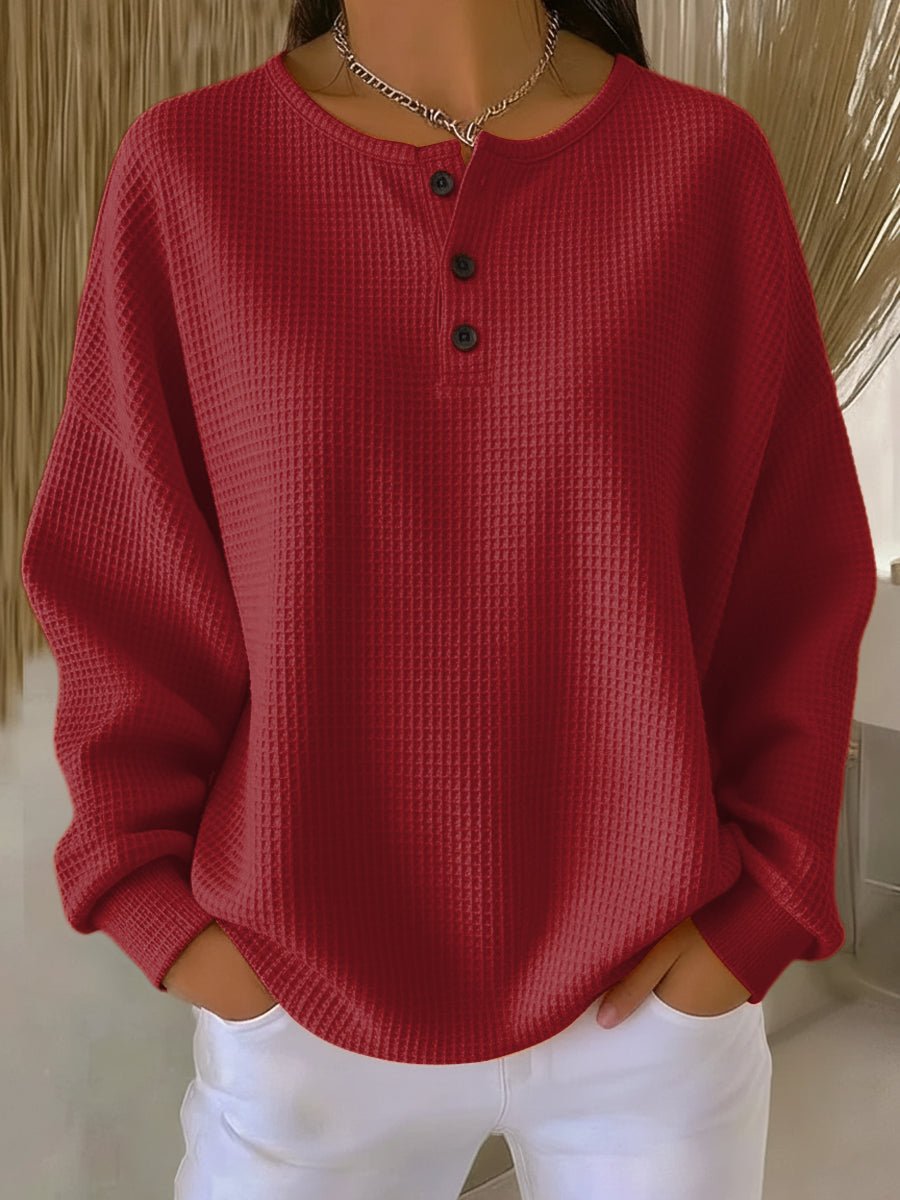 Women's Oversized Waffle Henley Knit Sweater Long Sleeve - Red