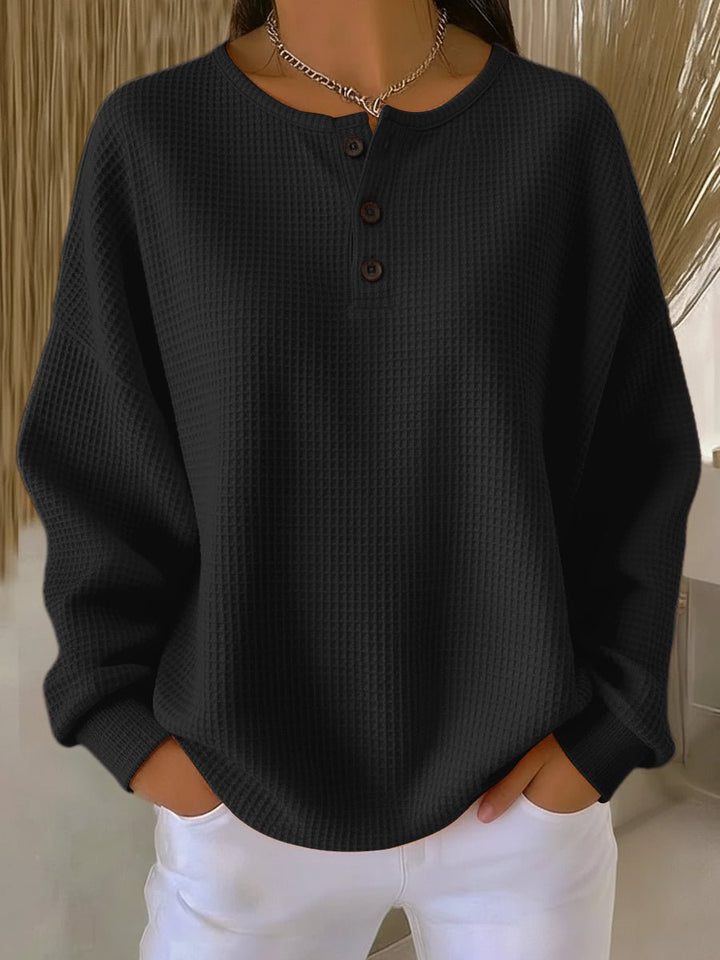 Women's Oversized Waffle Henley Knit Sweater Long Sleeve - Black