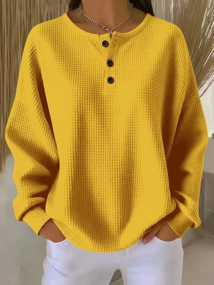 Women's Oversized Waffle Henley Knit Sweater Long Sleeve - Yellow