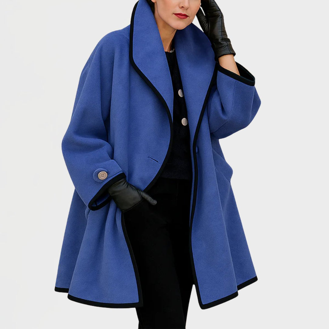 Women's Oversized Wool-Blend Swing Coat Contrast Trim - Blue