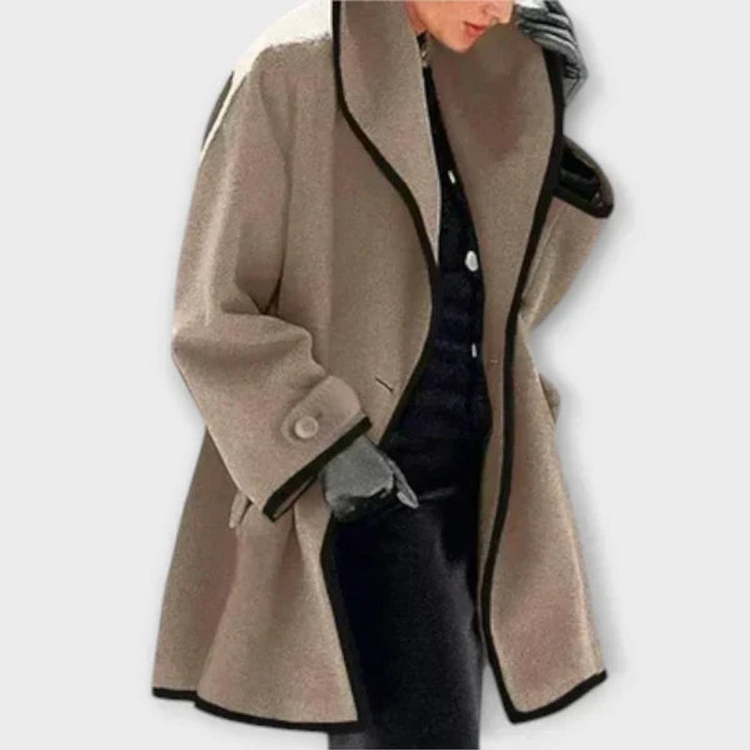 Women's Oversized Wool-Blend Swing Coat Contrast Trim - Khaki