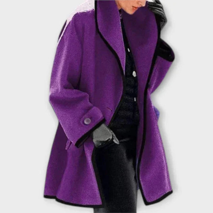 Women's Oversized Wool-Blend Swing Coat Contrast Trim - Purple