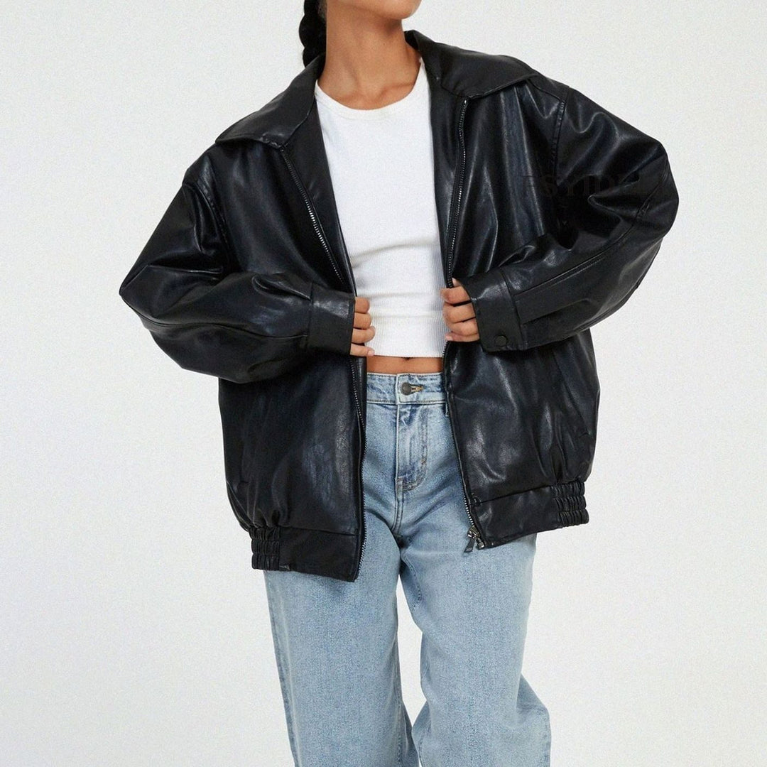 Women's Oversized Zip-Up Faux Leather Trendy Jacket