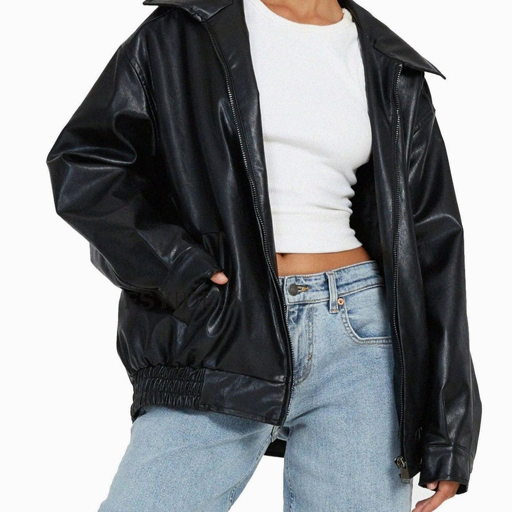 Women's Oversized Zip-Up Faux Leather Trendy Jacket