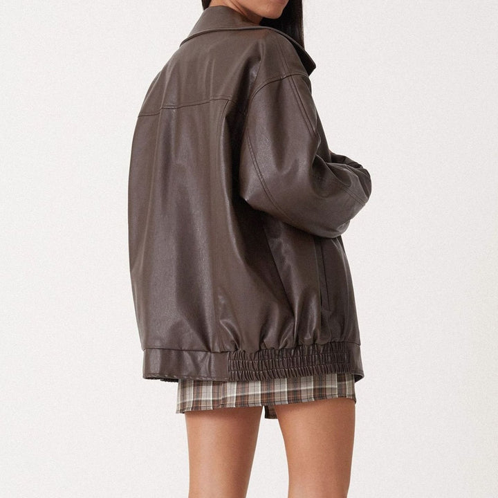 Women's Oversized Zip-Up Faux Leather Trendy Jacket