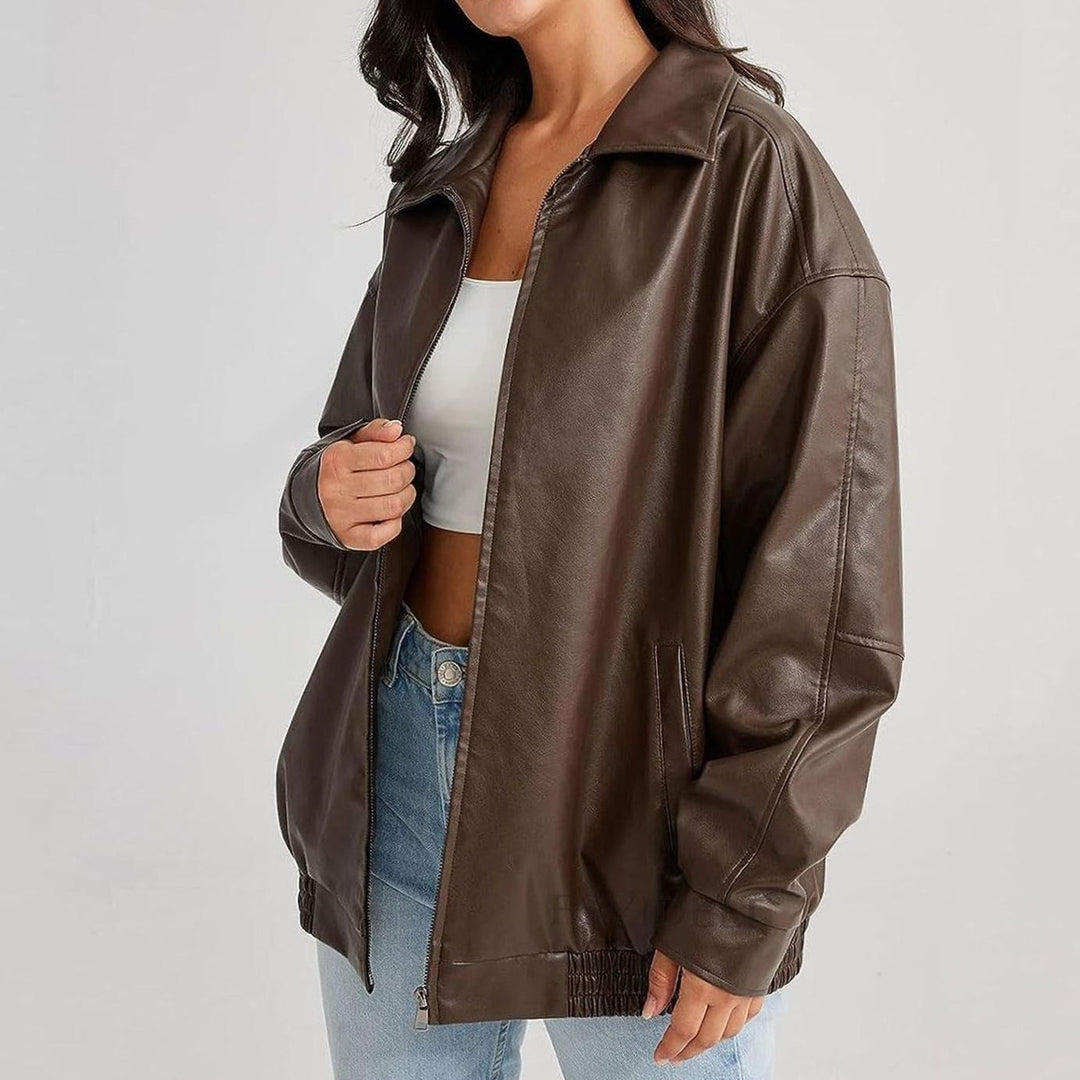 Women's Oversized Zip-Up Faux Leather Trendy Jacket - Brown