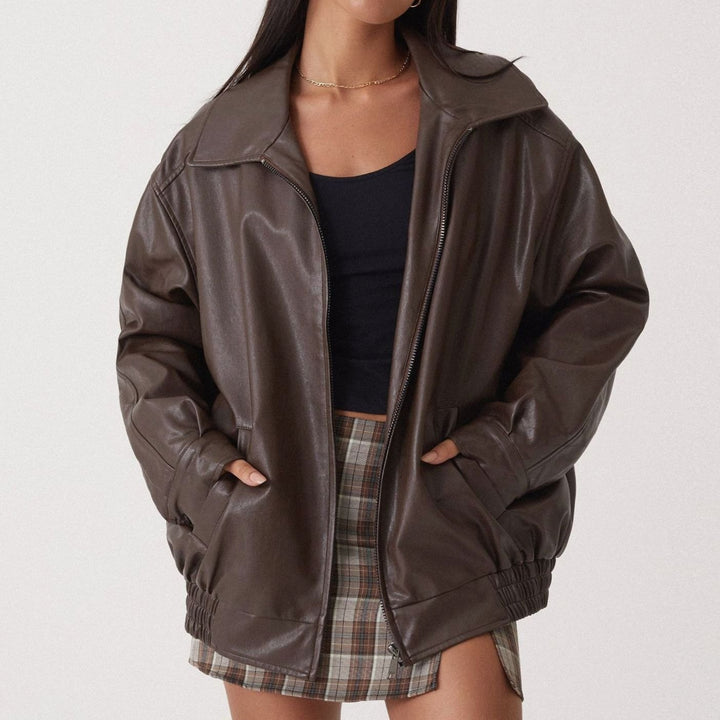 Women's Oversized Zip-Up Faux Leather Trendy Jacket