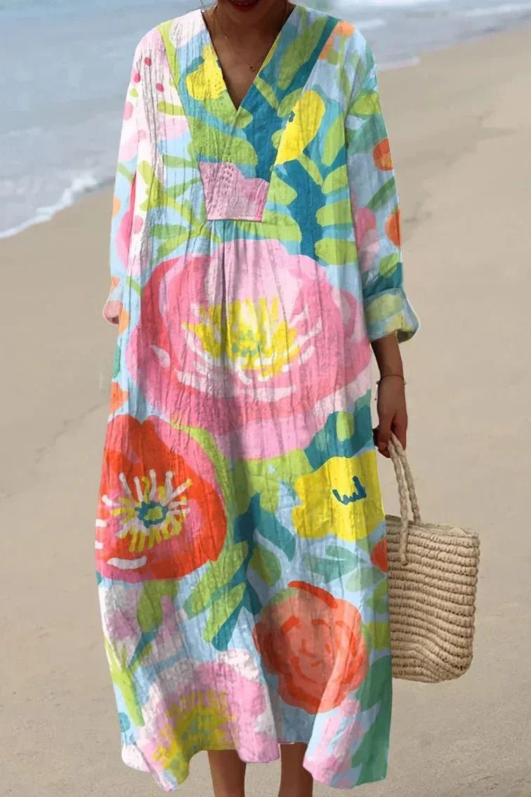 Women's Painterly Floral V-Neck Long-Sleeve Oversized Maxi Dress