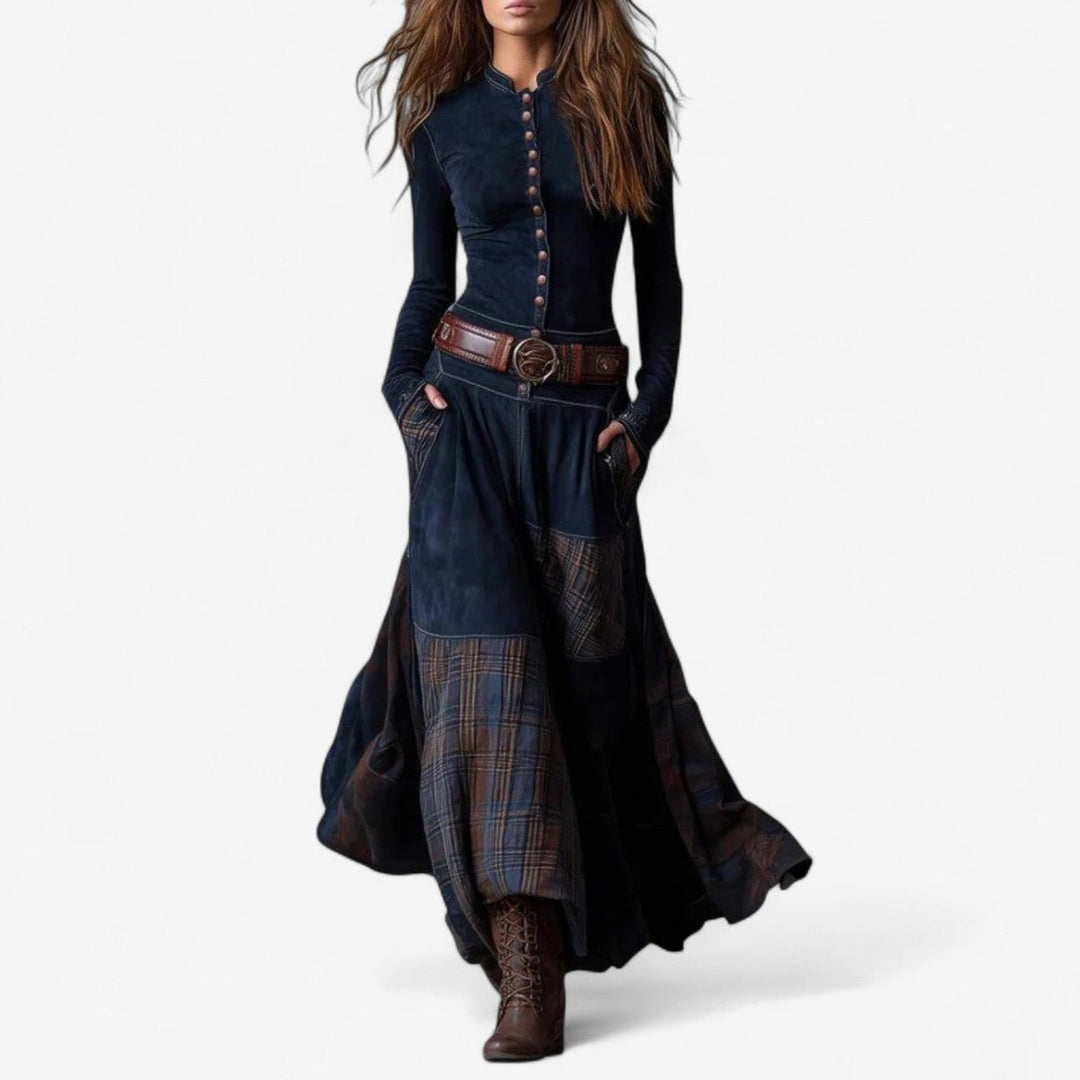 Women's Patchwork Plaid Maxi Long Sleeve Dress Button-Front Flared - Royal Blue