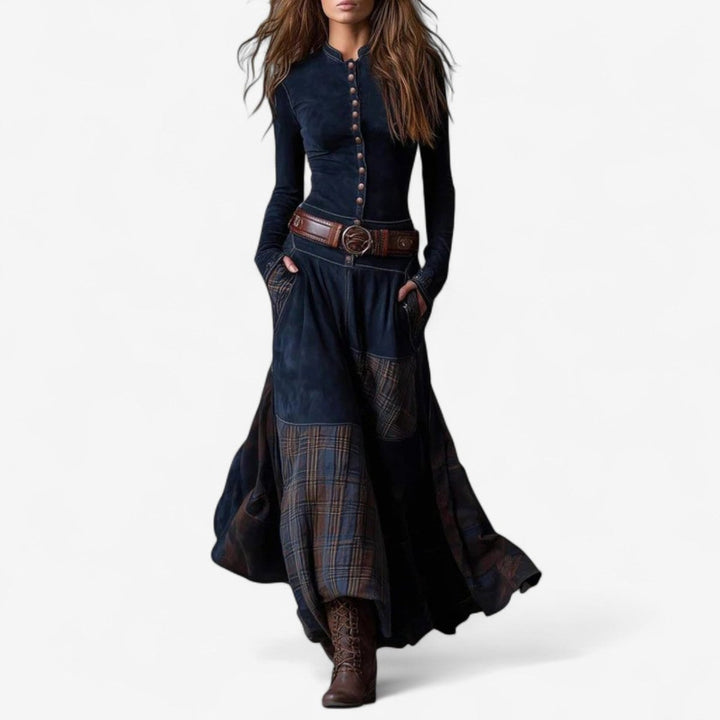 Women's Patchwork Plaid Maxi Long Sleeve Dress Button-Front Flared - Royal Blue