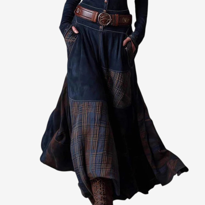 Women's Patchwork Plaid Maxi Long Sleeve Dress Button-Front Flared